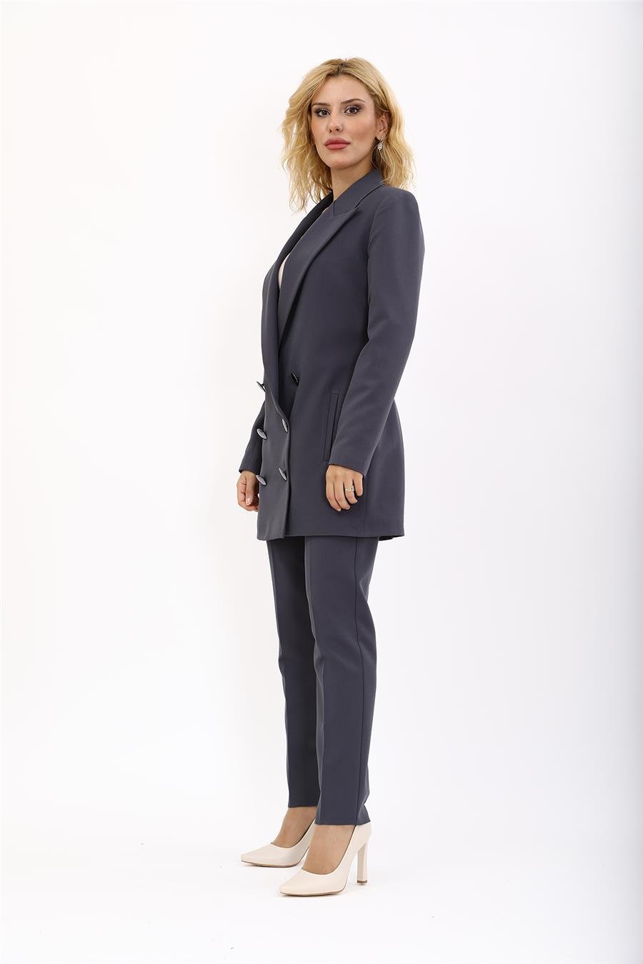 Erkek Yaka Kuruvaze Uzun Ceket & Dar Paça Pantolon-Füme Önder Özsoy 1066510 Uzun Klasik Blazer Ceket & Boru Paça Pantolon Takım