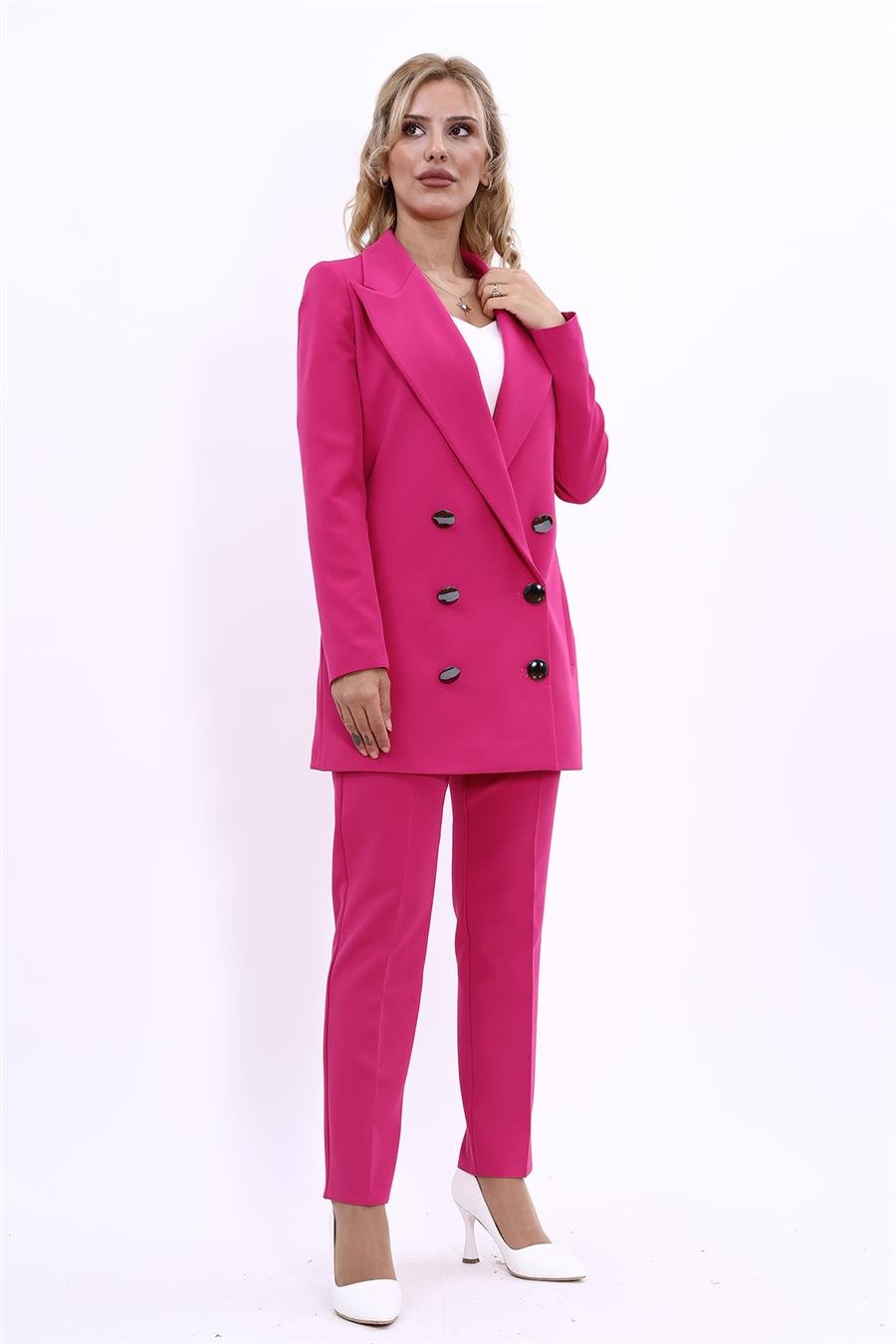 Erkek Yaka Kuruvaze Uzun Ceket & Dar Paça Pantolon-Fuşya Önder Özsoy 1066510 Uzun Klasik Blazer Ceket & Boru Paça Pantolon Takım