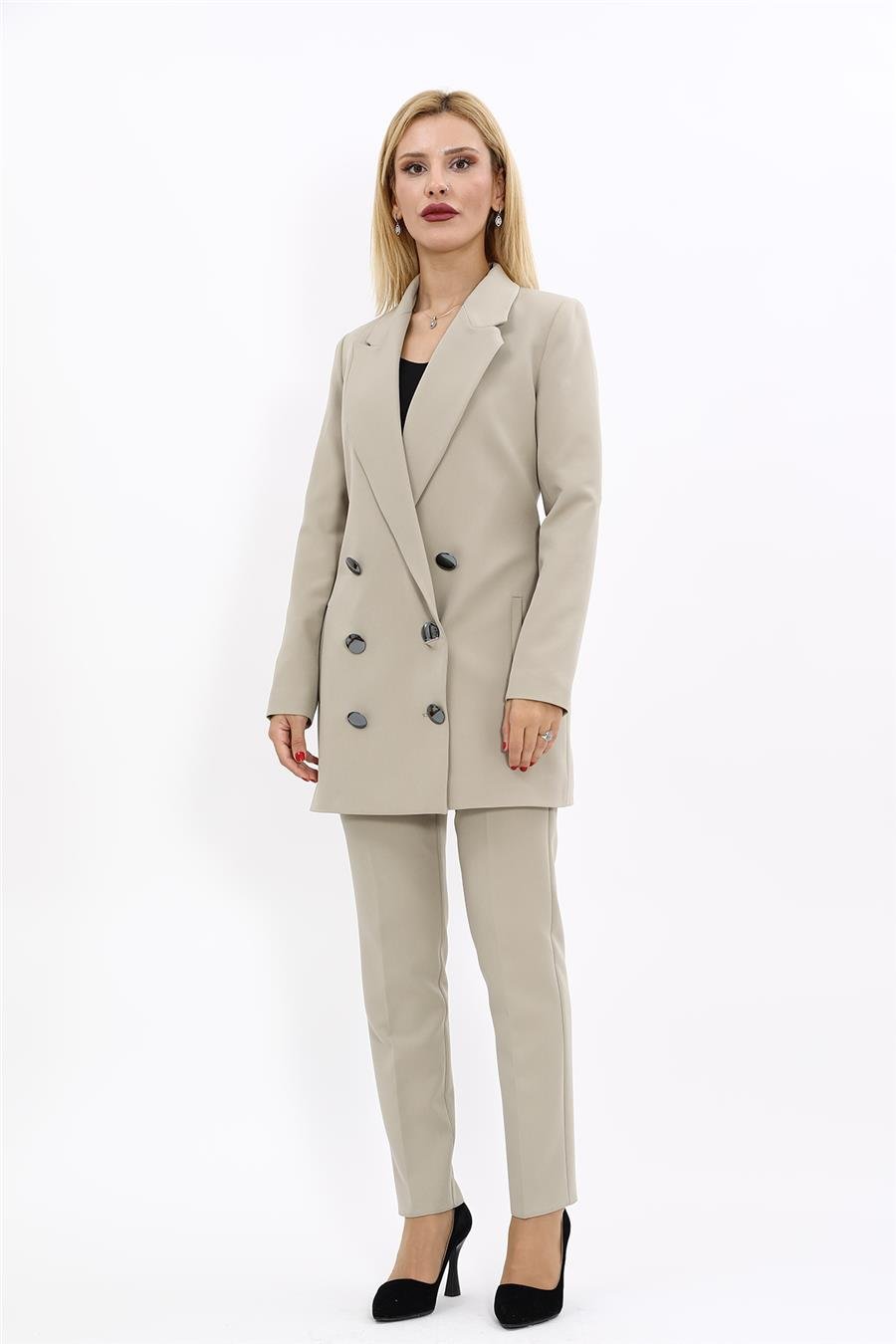 Erkek Yaka Kuruvaze Uzun Ceket & Dar Paça Pantolon-Bambu Önder Özsoy 1066510 Uzun Klasik Blazer Ceket & Boru Paça Pantolon Takım