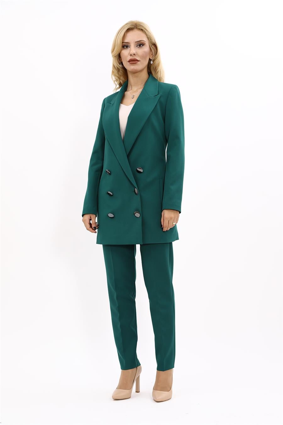 Erkek Yaka Kuruvaze Uzun Ceket & Dar Paça Pantolon-Zümrüt Önder Özsoy 1066510 Uzun Klasik Blazer Ceket & Boru Paça Pantolon Takım