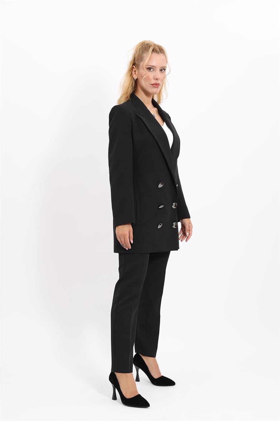 Erkek Yaka Kuruvaze Uzun Ceket & Dar Paça Pantolon-Siyah Önder Özsoy 1066510 Uzun Klasik Blazer Ceket & Boru Paça Pantolon Takım