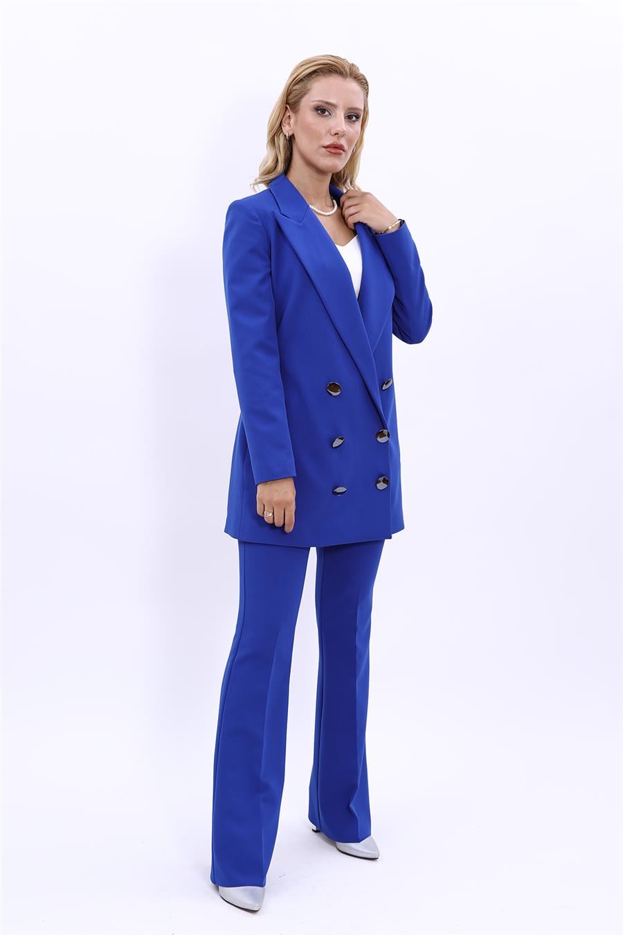 Erkek Yaka Kuruvaze Uzun Ceket & İspanyol Paça Pantolon-Saks Önder Özsoy 1066530 Uzun Klasik Blazer Ceket & İspanyol  Paça Pantolon Takım