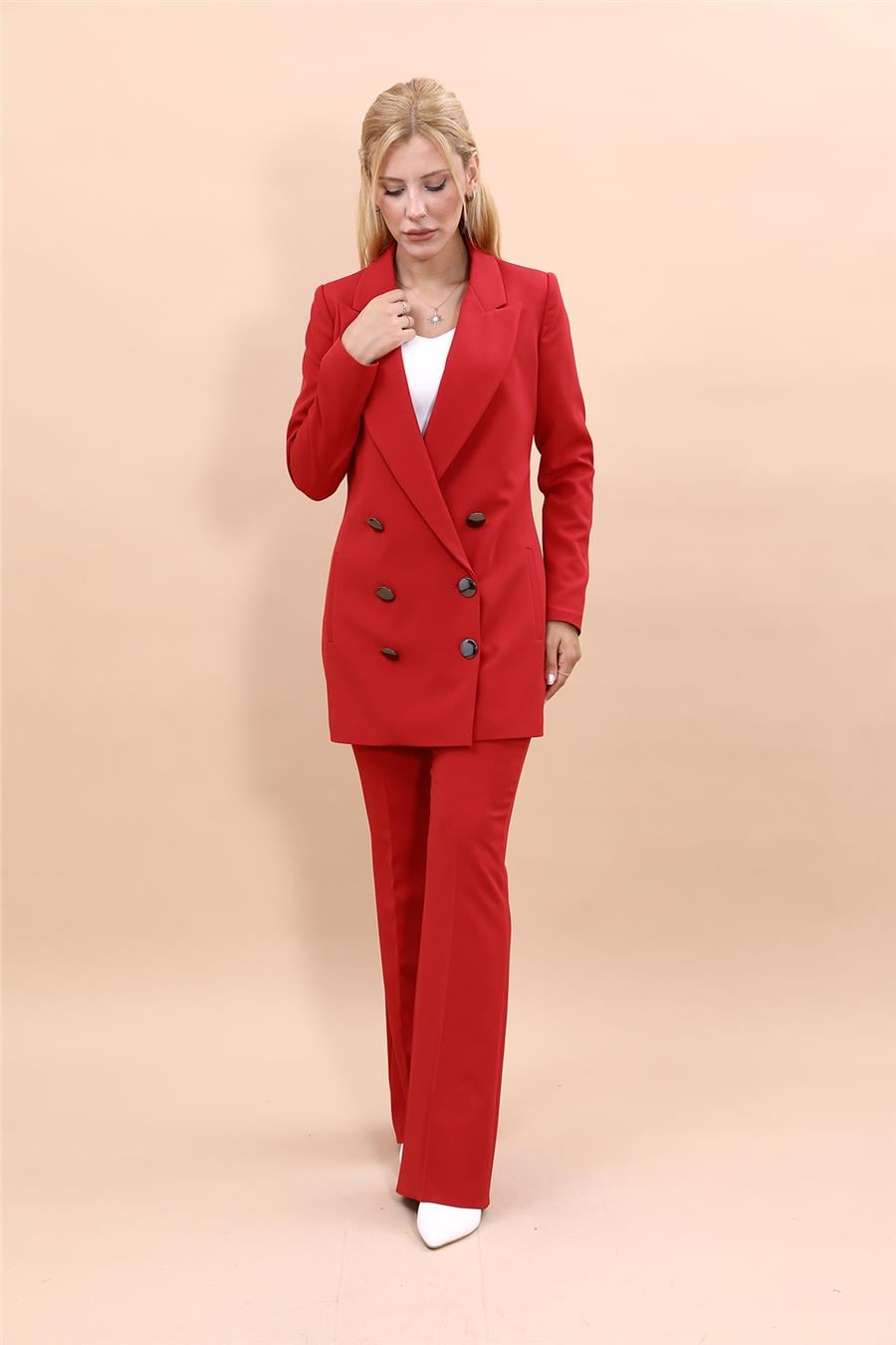 Erkek Yaka Kuruvaze Uzun Ceket & İspanyol Paça Pantolon-Kırmızı Önder Özsoy 1066530 Uzun Klasik Blazer Ceket & İspanyol  Paça Pantolon Takım