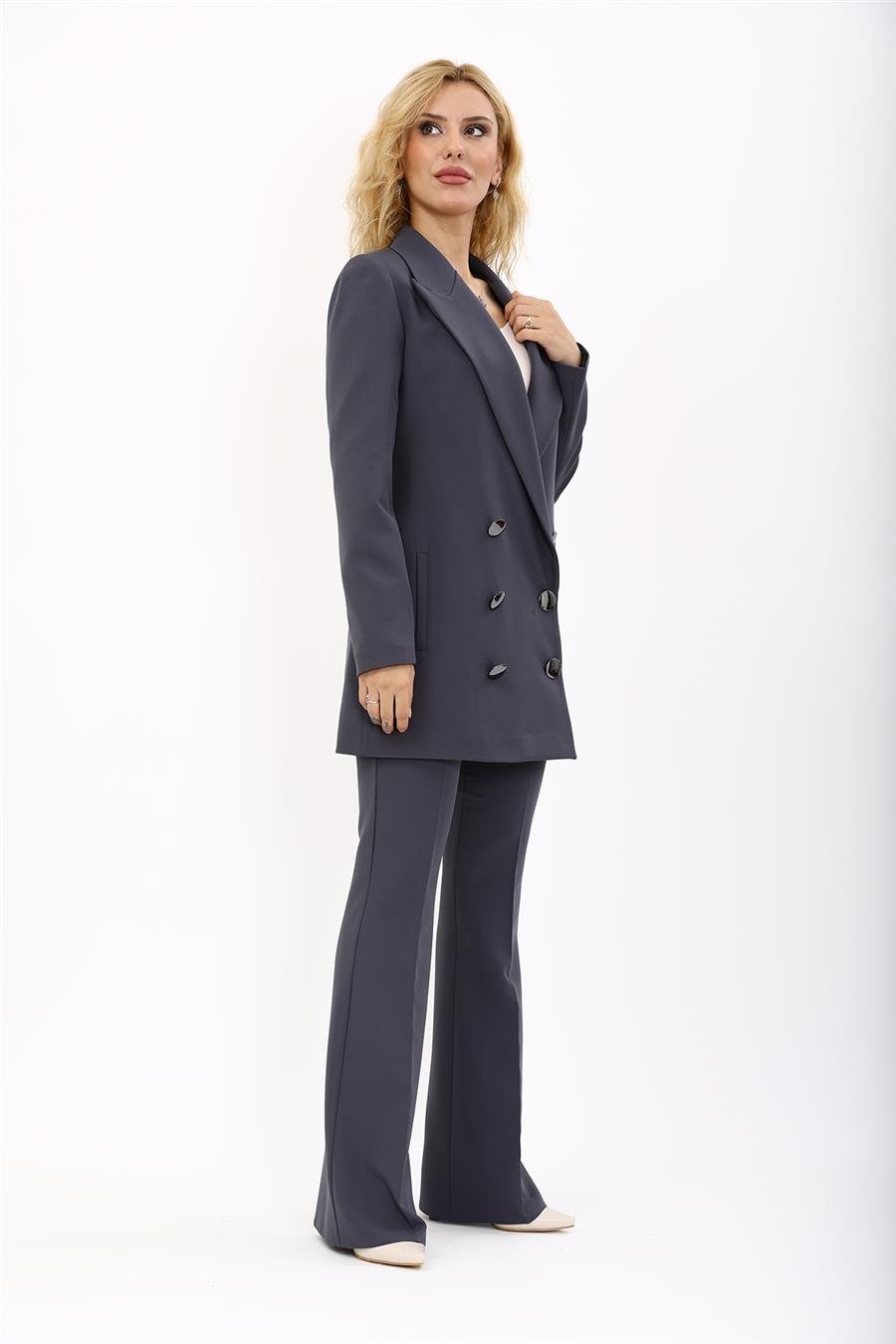 Erkek Yaka Kuruvaze Uzun Ceket & İspanyol Paça Pantolon-Füme Önder Özsoy 1066530 Uzun Klasik Blazer Ceket & İspanyol  Paça Pantolon Takım