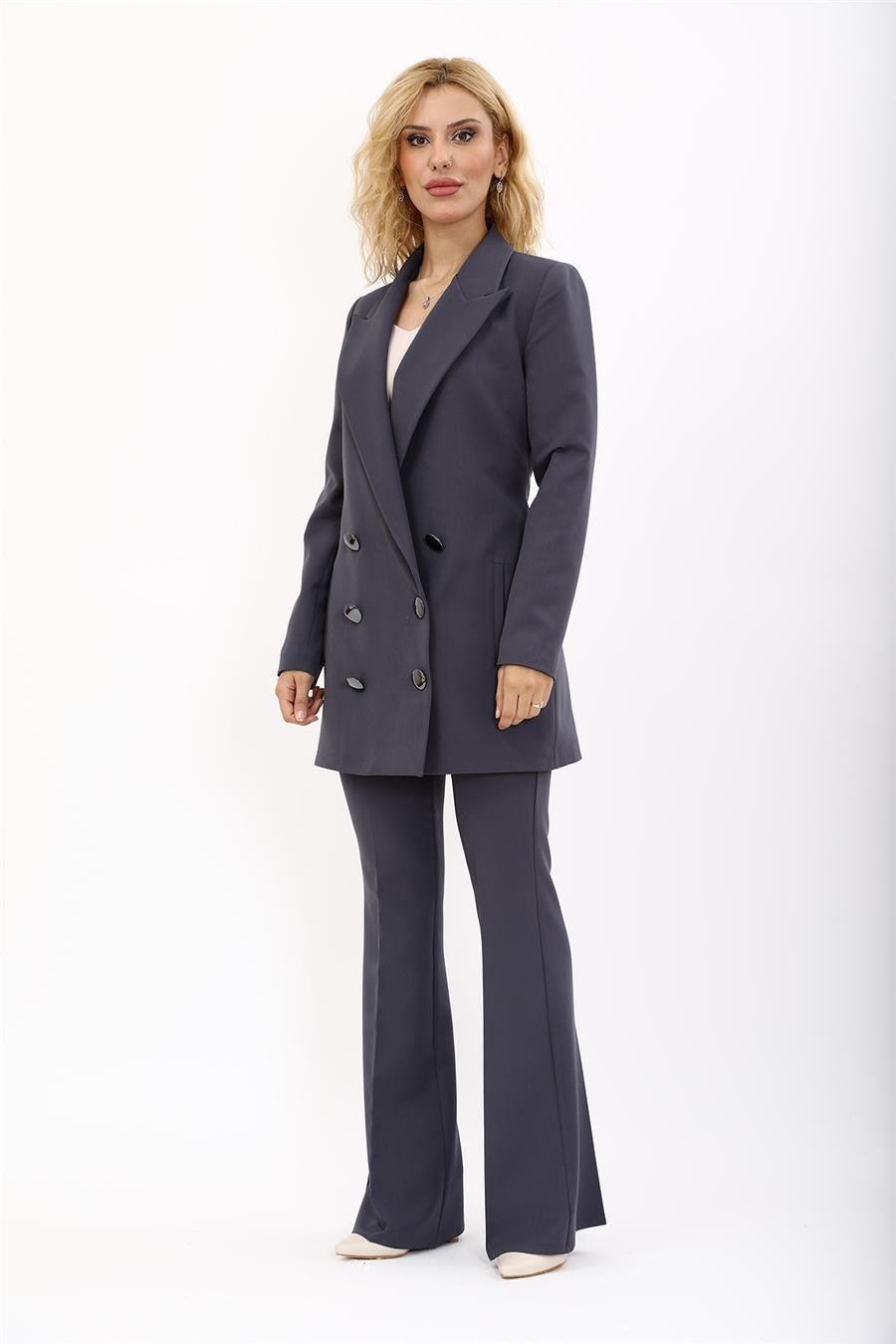 Erkek Yaka Kuruvaze Uzun Ceket & İspanyol Paça Pantolon-Füme Önder Özsoy 1066530 Uzun Klasik Blazer Ceket & İspanyol  Paça Pantolon Takım
