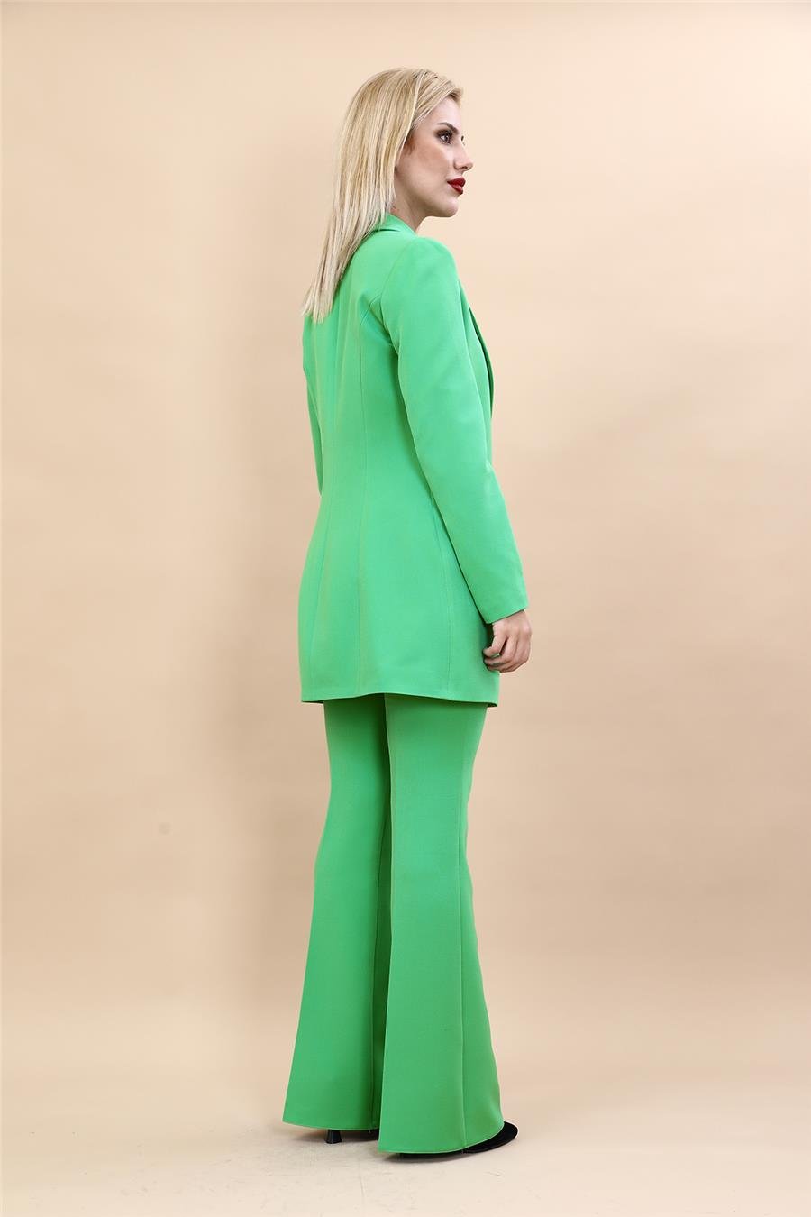 Erkek Yaka Kuruvaze Uzun Ceket & İspanyol Paça Pantolon-Yeşil Önder Özsoy 1066530 Uzun Klasik Blazer Ceket & İspanyol  Paça Pantolon Takım