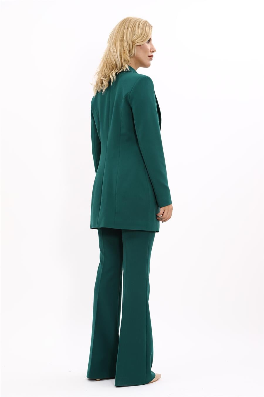 Erkek Yaka Kuruvaze Uzun Ceket & İspanyol Paça Pantolon-Zümrüt Önder Özsoy 1066530 Uzun Klasik Blazer Ceket & İspanyol  Paça Pantolon Takım