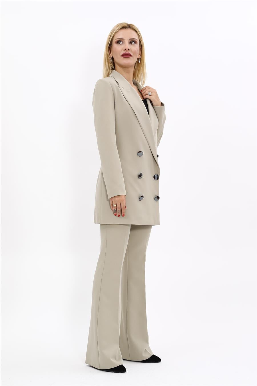 Erkek Yaka Kuruvaze Uzun Ceket & İspanyol Paça Pantolon-Bambu Önder Özsoy 1066530 Uzun Klasik Blazer Ceket & İspanyol  Paça Pantolon Takım