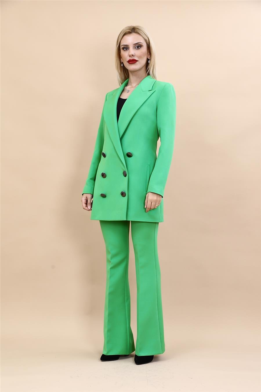 Erkek Yaka Kuruvaze Uzun Ceket & İspanyol Paça Pantolon-Yeşil Önder Özsoy 1066530 Uzun Klasik Blazer Ceket & İspanyol  Paça Pantolon Takım