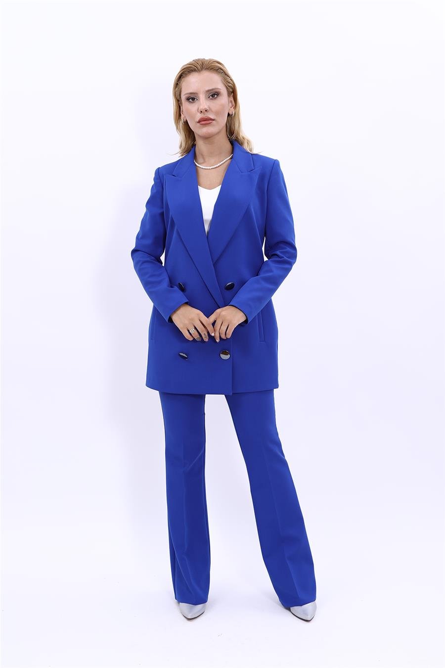 Erkek Yaka Kuruvaze Uzun Ceket & İspanyol Paça Pantolon-Saks Önder Özsoy 1066530 Uzun Klasik Blazer Ceket & İspanyol  Paça Pantolon Takım