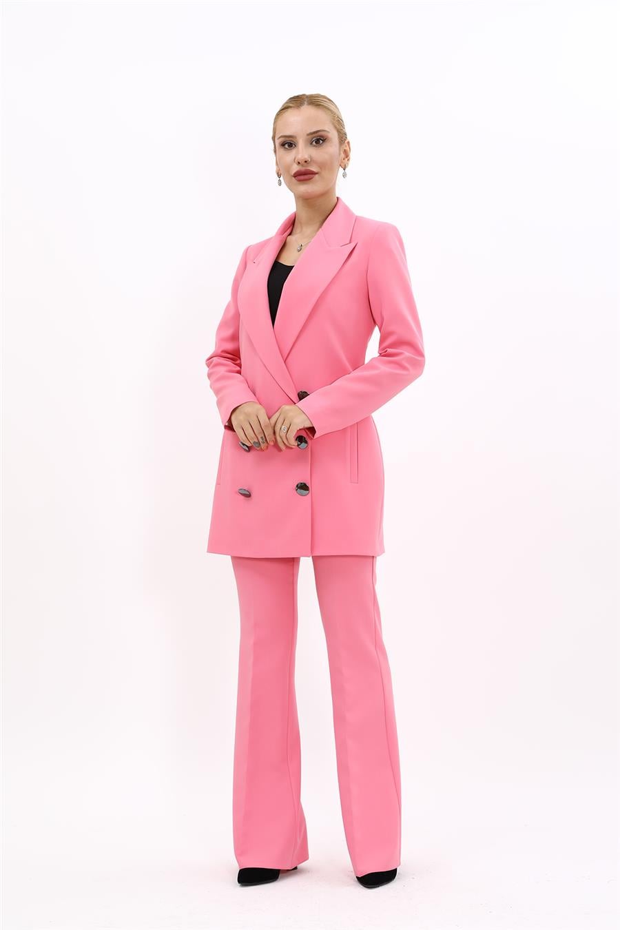 Erkek Yaka Kuruvaze Uzun Ceket & İspanyol Paça Pantolon-Pembe Önder Özsoy 1066530 Uzun Klasik Blazer Ceket & İspanyol  Paça Pantolon Takım