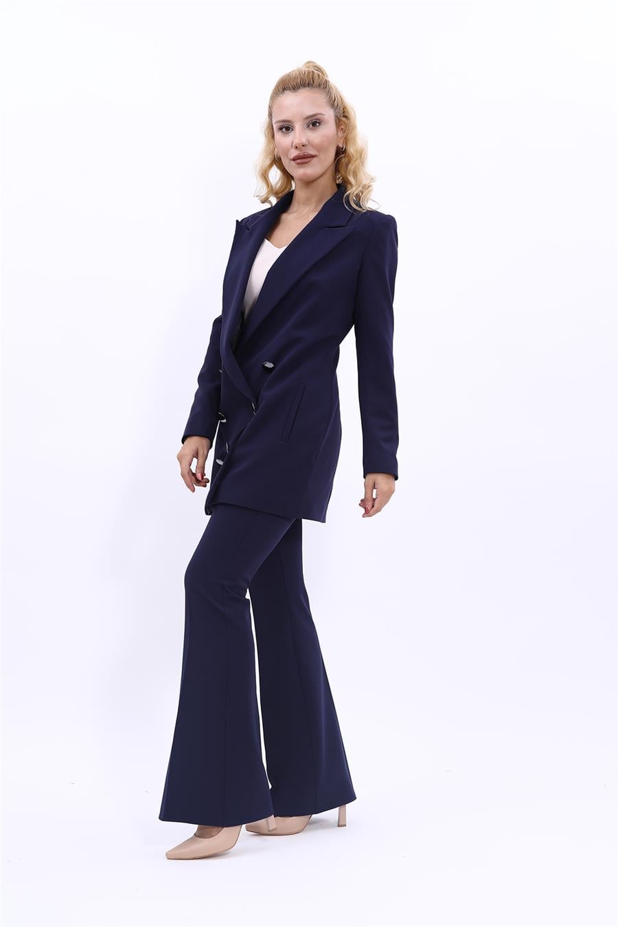 Erkek Yaka Kuruvaze Uzun Ceket & İspanyol Paça Pantolon-Lacivert Önder Özsoy 1066530 Uzun Klasik Blazer Ceket & İspanyol  Paça Pantolon Takım