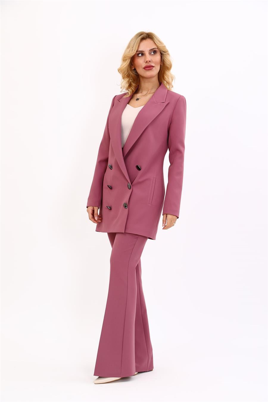 Erkek Yaka Kuruvaze Uzun Ceket & İspanyol Paça Pantolon-Rose Önder Özsoy 1066530 Uzun Klasik Blazer Ceket & İspanyol  Paça Pantolon Takım