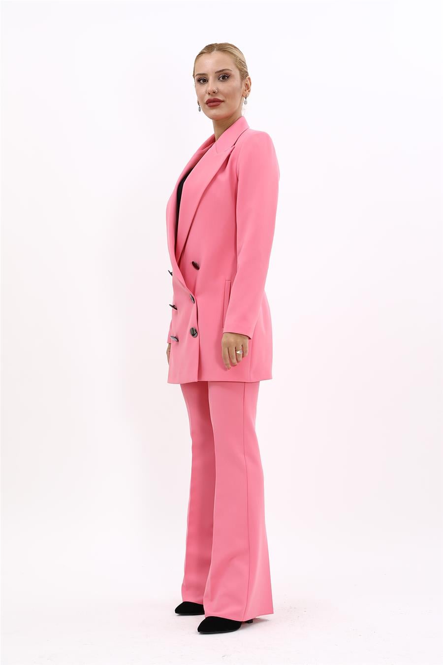 Erkek Yaka Kuruvaze Uzun Ceket & İspanyol Paça Pantolon-Pembe Önder Özsoy 1066530 Uzun Klasik Blazer Ceket & İspanyol  Paça Pantolon Takım