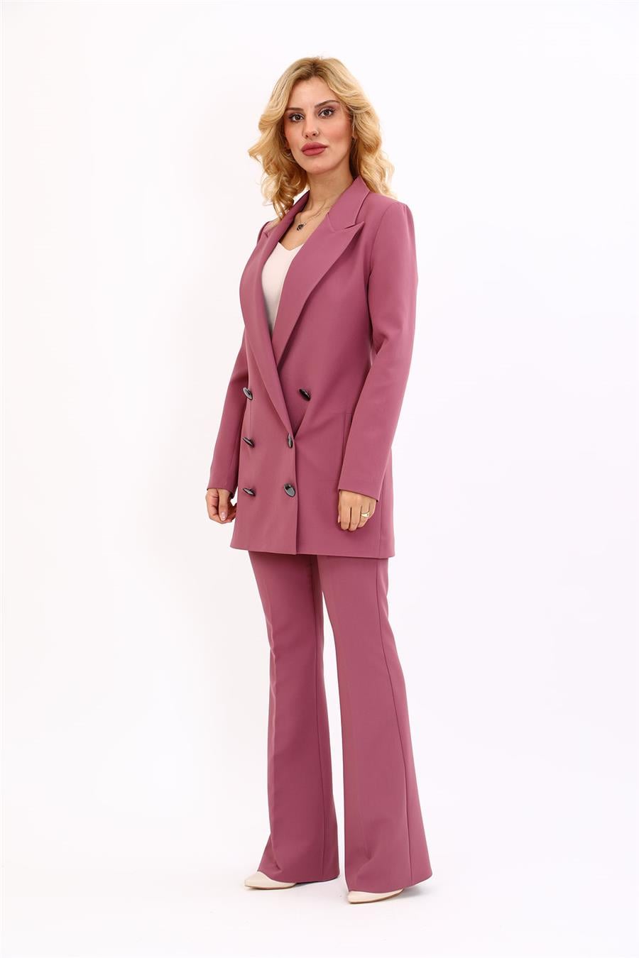 Erkek Yaka Kuruvaze Uzun Ceket & İspanyol Paça Pantolon-Rose Önder Özsoy 1066530 Uzun Klasik Blazer Ceket & İspanyol  Paça Pantolon Takım