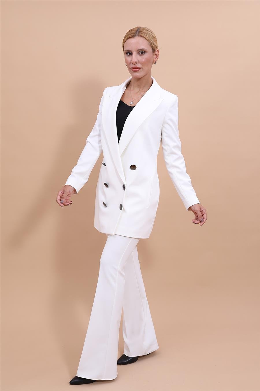Erkek Yaka Kuruvaze Uzun Ceket & İspanyol Paça Pantolon-Beyaz Önder Özsoy 1066530 Uzun Klasik Blazer Ceket & İspanyol  Paça Pantolon Takım