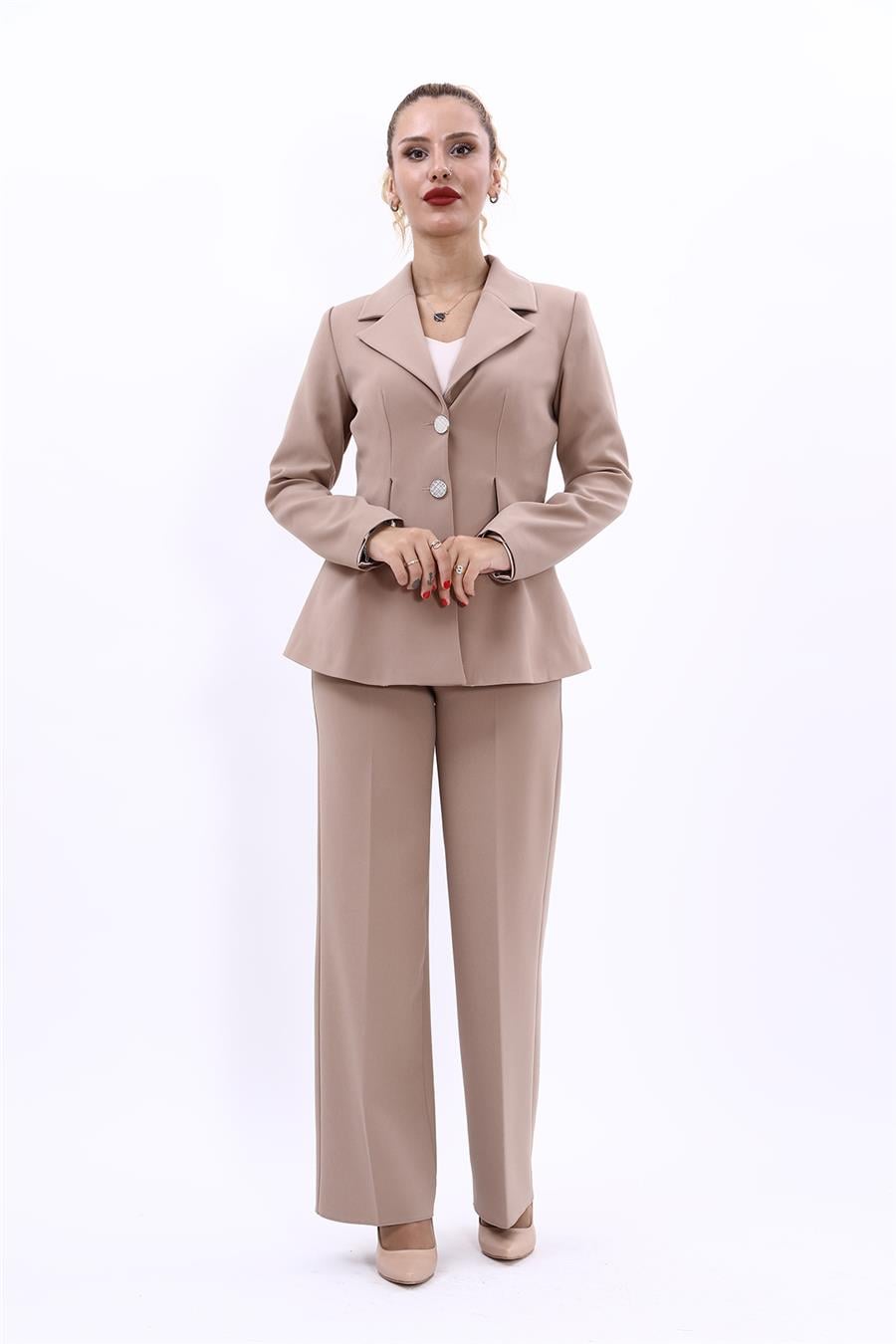 Erkek Yaka Önleri Pileli Ceket & Bol Paça Pantolon-Taş Önder Özsoy 1027520 Yonca Ceket & Bol Paça Pantolon Takım