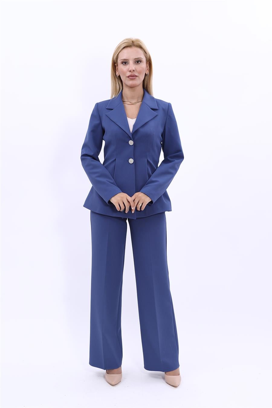 Erkek Yaka Önleri Pileli Ceket & Bol Paça Pantolon-İndigo Önder Özsoy 1027520 Yonca Ceket & Bol Paça Pantolon Takım