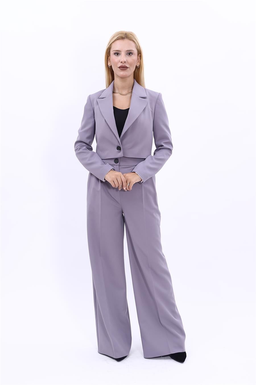 Erkek Yaka Tek Düğmeli Kısa Ceket & Erkek Yaka Drape Kollu Kısa Ceket-Antrasit Önder Özsoy 1073521 Tek Düğme Mini Ceket & Yüksek Bel Pileli Bol Paça Pantolon Takım