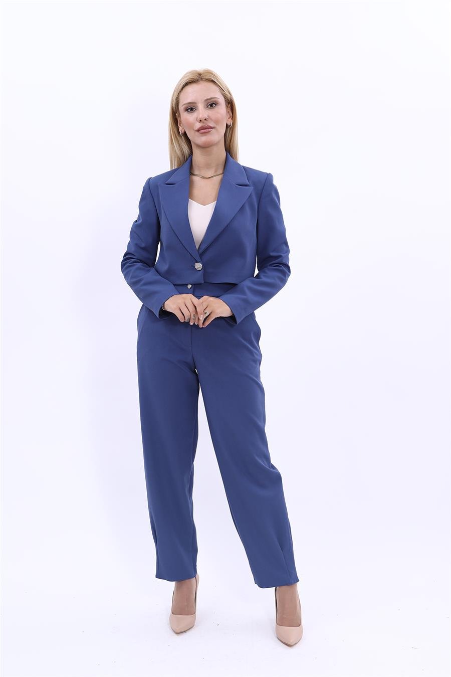 Erkek Yaka Tek Düğmeli Kısa Ceket & Paçası Pileli Pantolon-İndigo Önder Özsoy 1073532 Tek Düğme Mini Ceket & Pileli Paça Pantolon Takım