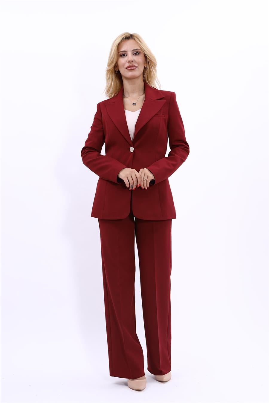 Erkek Yaka Tek Düğmeli Klasik Ceket & Bol Paça Pantolon Takım-Bordo Önder Özsoy 1025520 Yakalı Klasik Ceket & Bol Paça Pantolon Takım