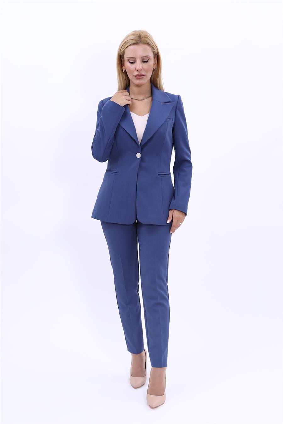 Erkek Yaka Tek Düğmeli Klasik Ceket &  Dar Paça Pantolon-İndigo Önder Özsoy 1025510 Yakalı Klasik Ceket & Boru Paça Pantolon Takım
