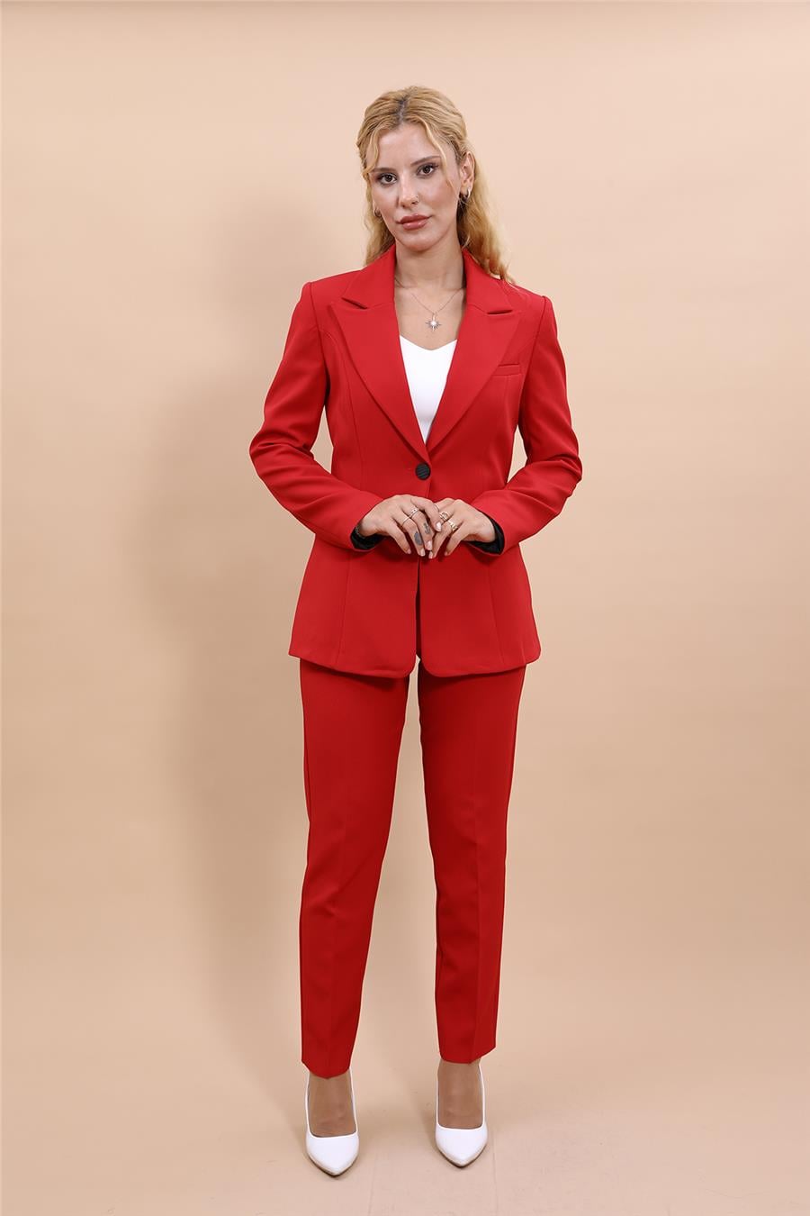 Erkek Yaka Tek Düğmeli Klasik Ceket &  Dar Paça Pantolon-Kırmızı Önder Özsoy 1025510 Yakalı Klasik Ceket & Boru Paça Pantolon Takım