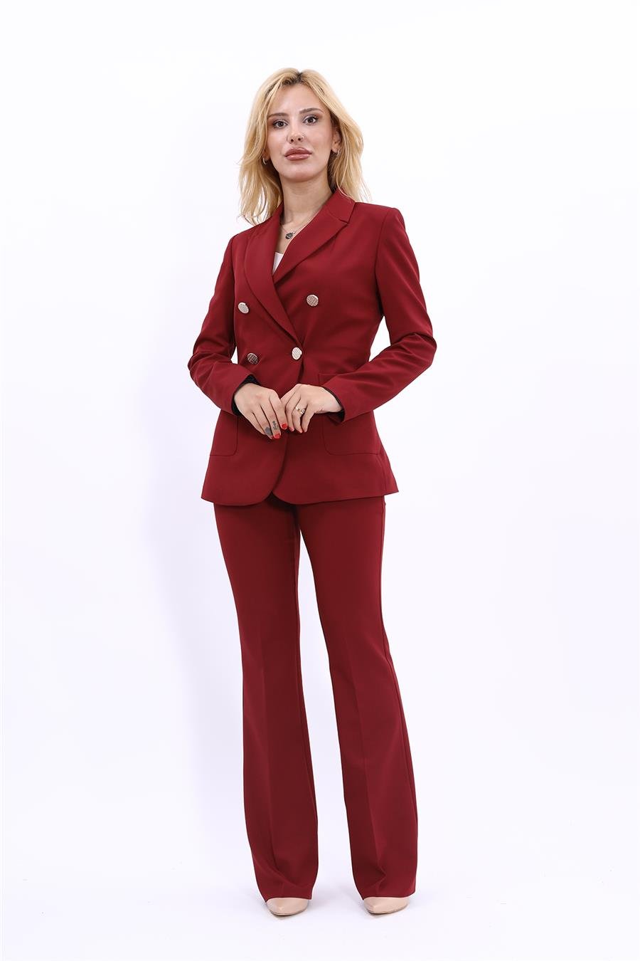 Erkek Yaka Torba Cepli Klasik Ceket &  İspanyol Paça Pantolon-Bordo Önder Özsoy 1062530 Cep Torbalı Ceket & İspanyol  Paça Pantolon Takım