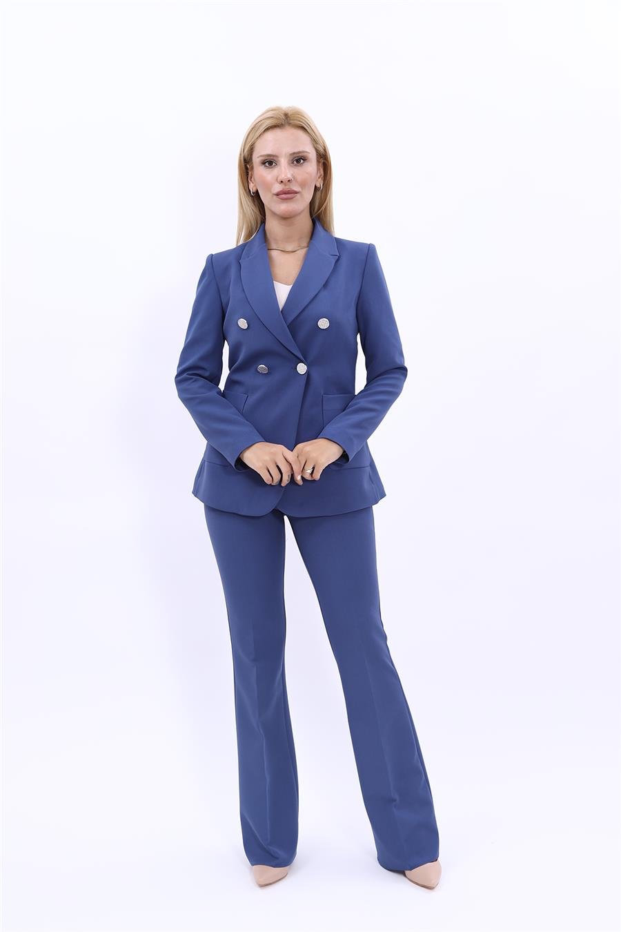 Erkek Yaka Torba Cepli Klasik Ceket &  İspanyol Paça Pantolon-İndigo Önder Özsoy 1062530 Cep Torbalı Ceket & İspanyol  Paça Pantolon Takım