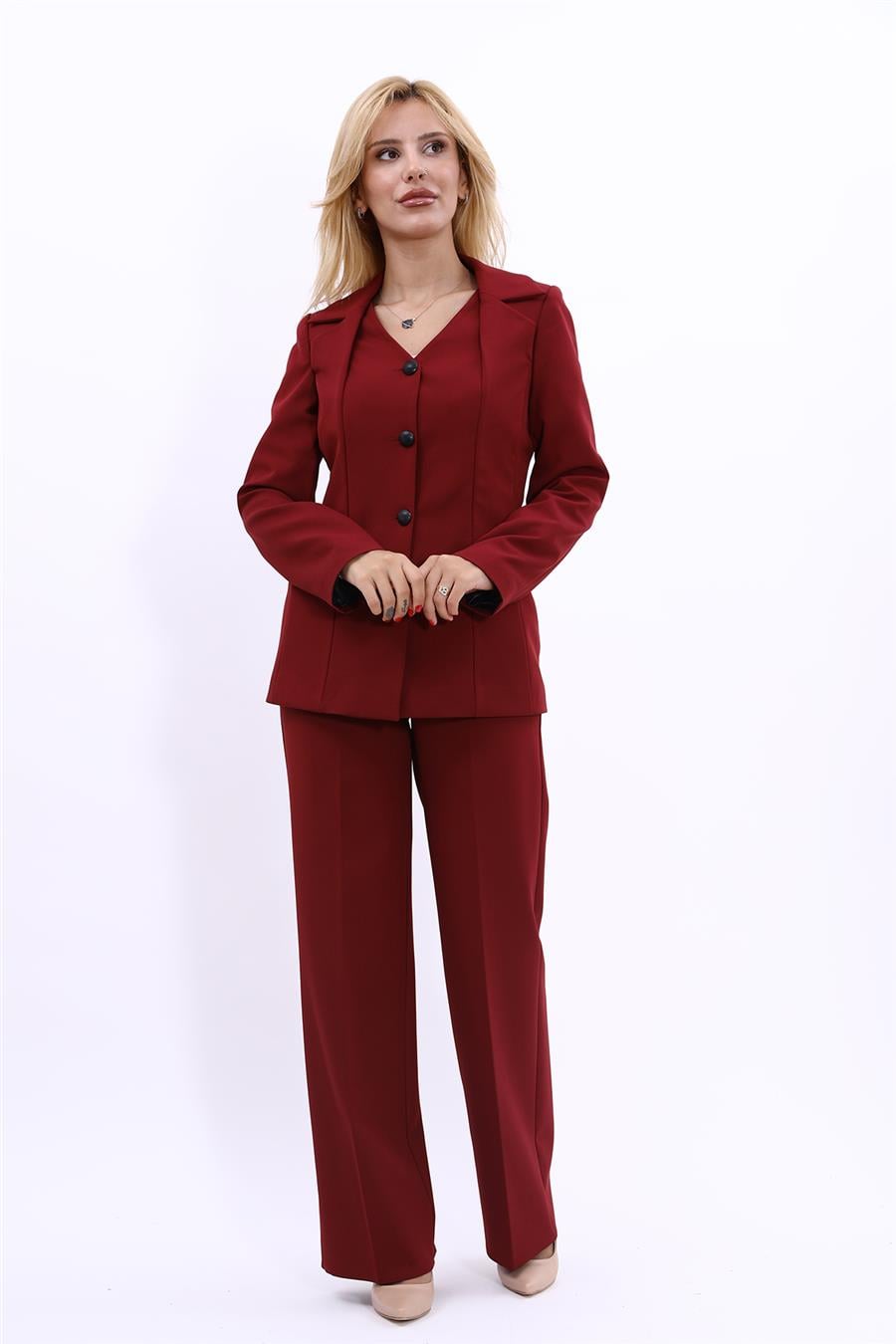 Erkek Yaka Yelek Ceket & Bol Paça Pantolon-Bordo Önder Özsoy 1076520 Kare Yaka Ceket & Bol Paça Pantolon Takım