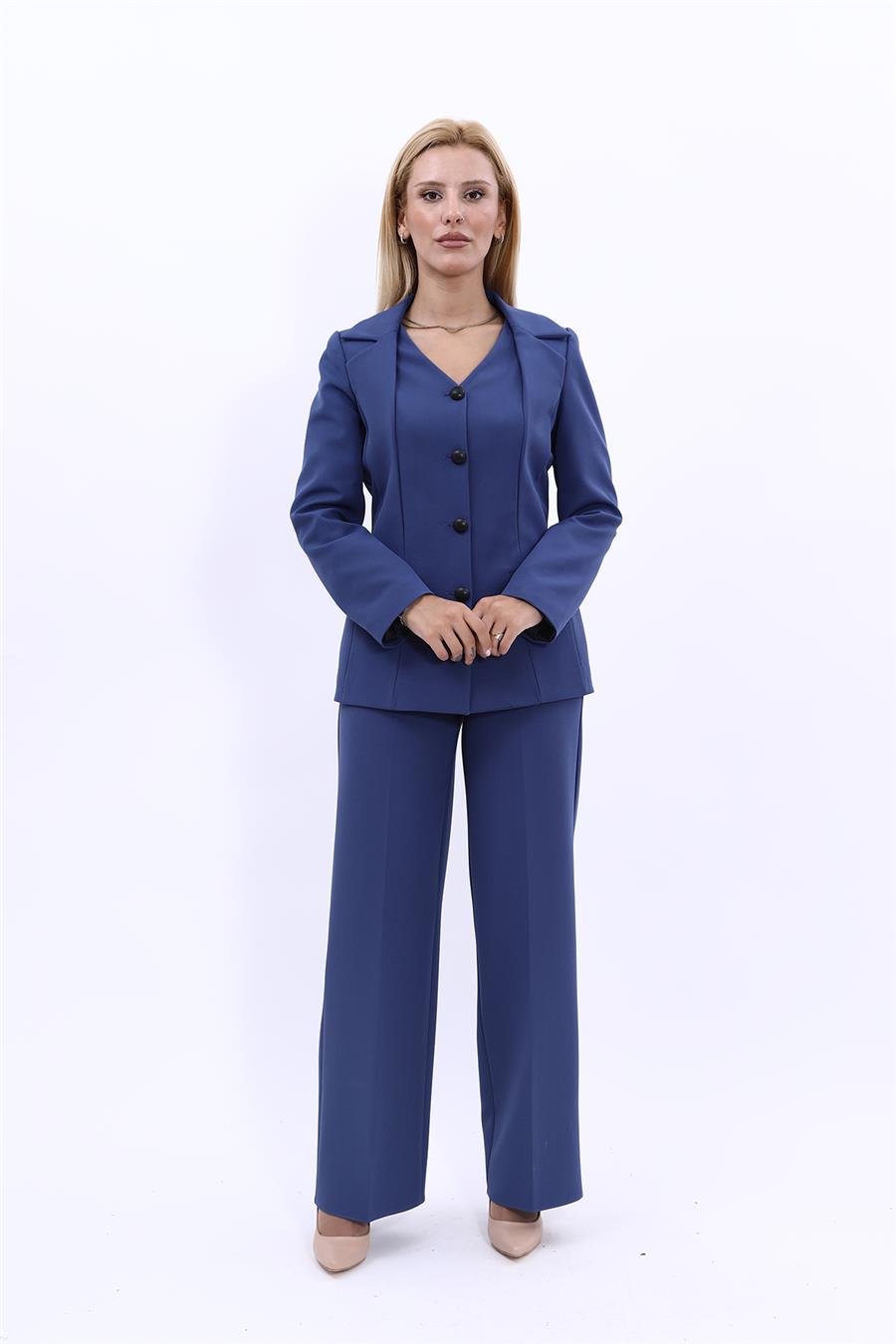 Erkek Yaka Yelek Ceket & Bol Paça Pantolon-İndigo Önder Özsoy 1076520 Kare Yaka Ceket & Bol Paça Pantolon Takım