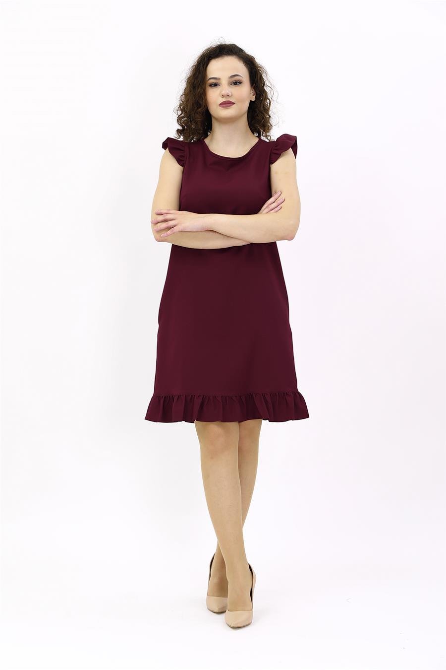 Fırfırlı Elbise-Bordo Önder Özsoy 9011100 Fırfırlı Elbise
