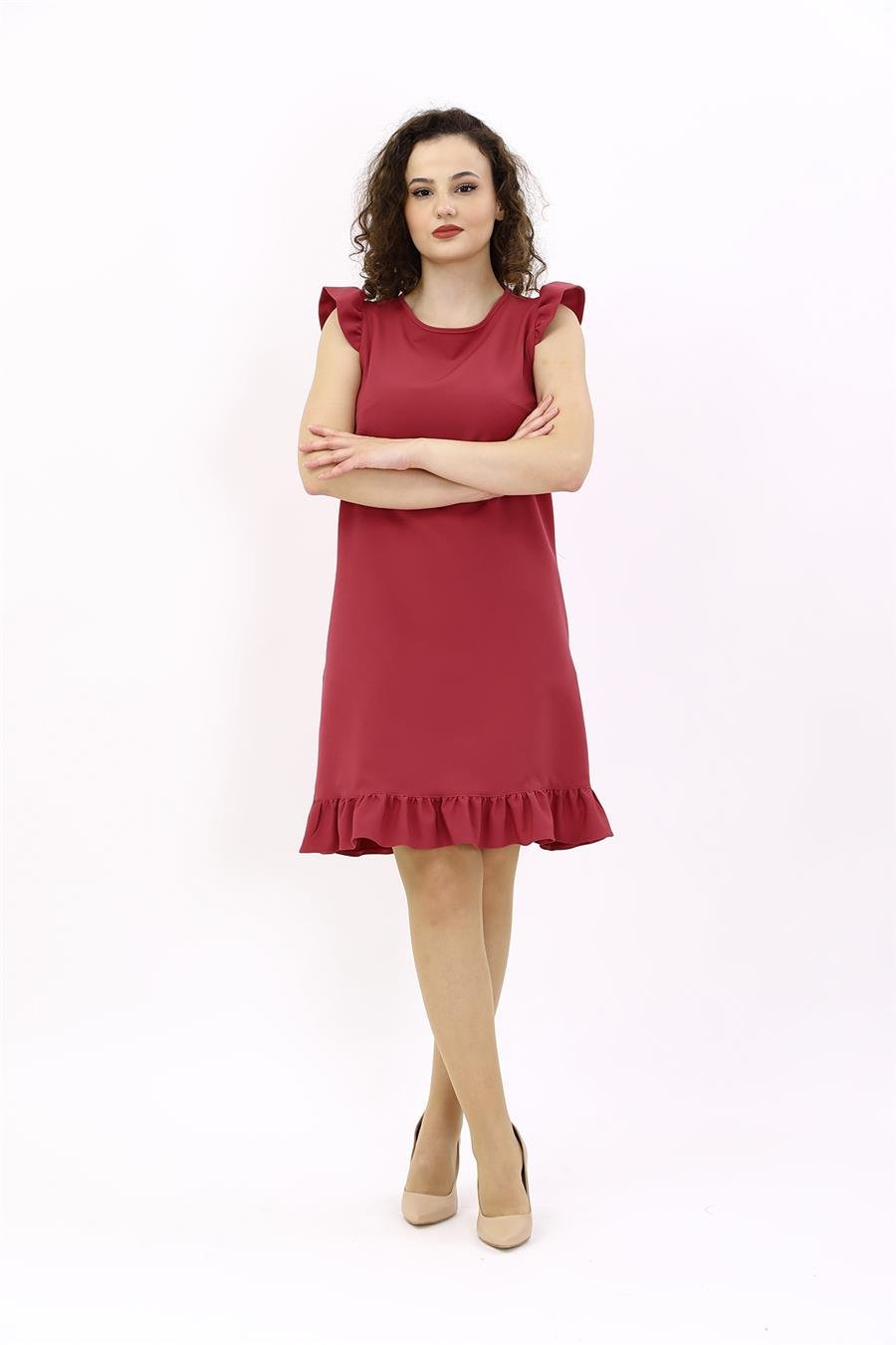 Fırfırlı Elbise-Kiremit Önder Özsoy 9011100 Fırfırlı Elbise