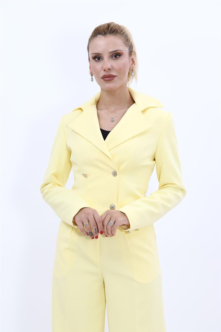 Geniş Yaka kruvaze Kadın Ceket-Sarı Önder Özsoy 1159100 Kısa Ceket