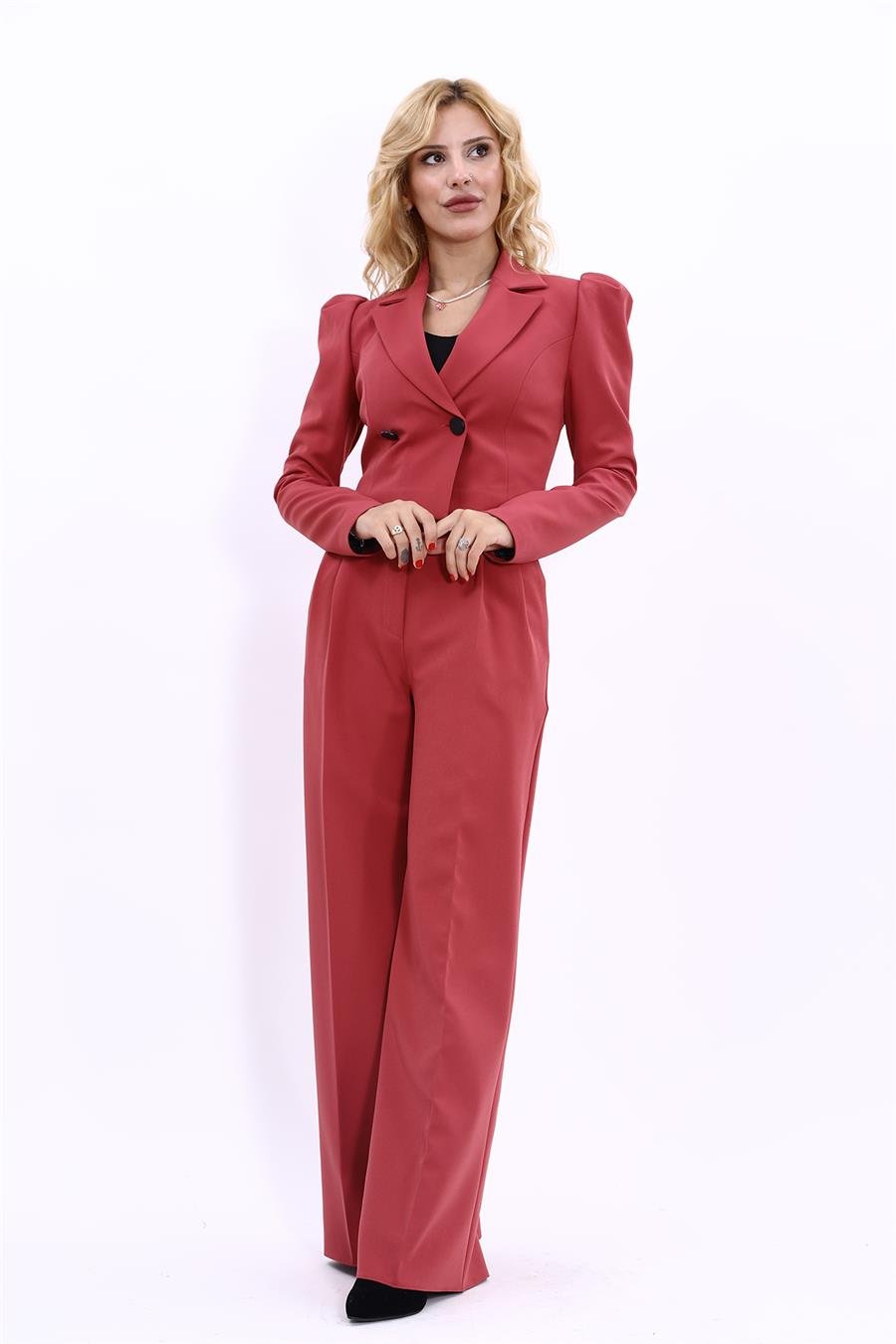 Gömlek Yaka Kısa Ceket & Erkek Yaka Drape Kollu Kısa Ceket-Kiremit Önder Özsoy 1057521 Drape Ceket & Yüksek Bel Pileli Bol Paça Pantolon Takım