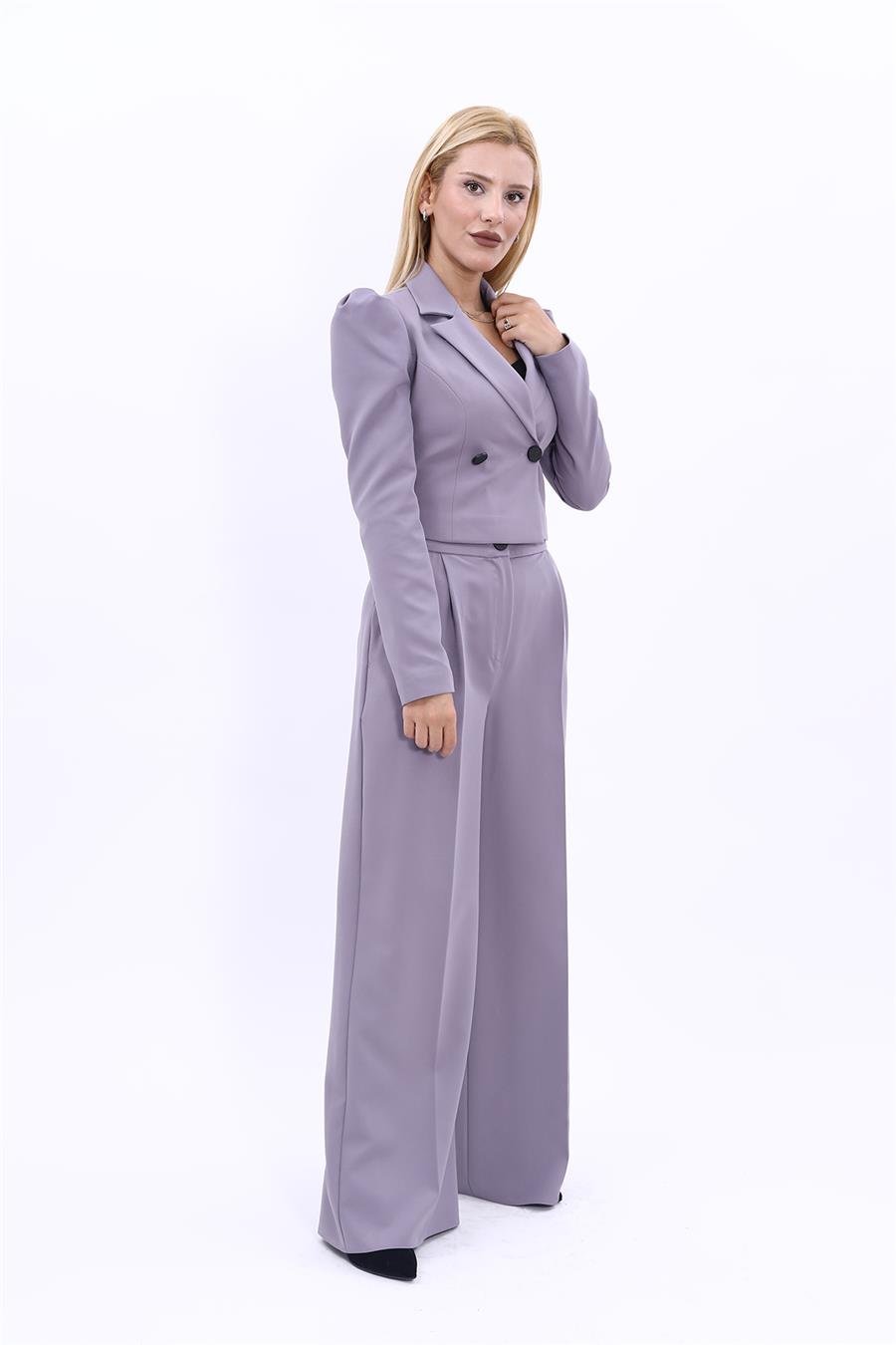 Gömlek Yaka Kısa Ceket & Erkek Yaka Drape Kollu Kısa Ceket-Antrasit Önder Özsoy 1057521 Drape Ceket & Yüksek Bel Pileli Bol Paça Pantolon Takım