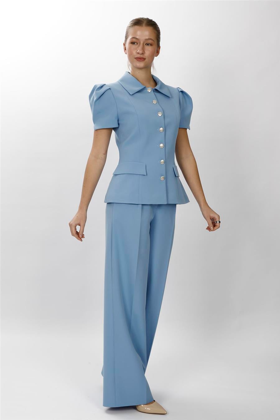 Gömlek Yaka Kısa Kol Modern Ceket & Cepli Klasik Palazzo Kadın Pantolon-Gökyüzü Önder Özsoy 1198522 Pantolon Ceket Takım