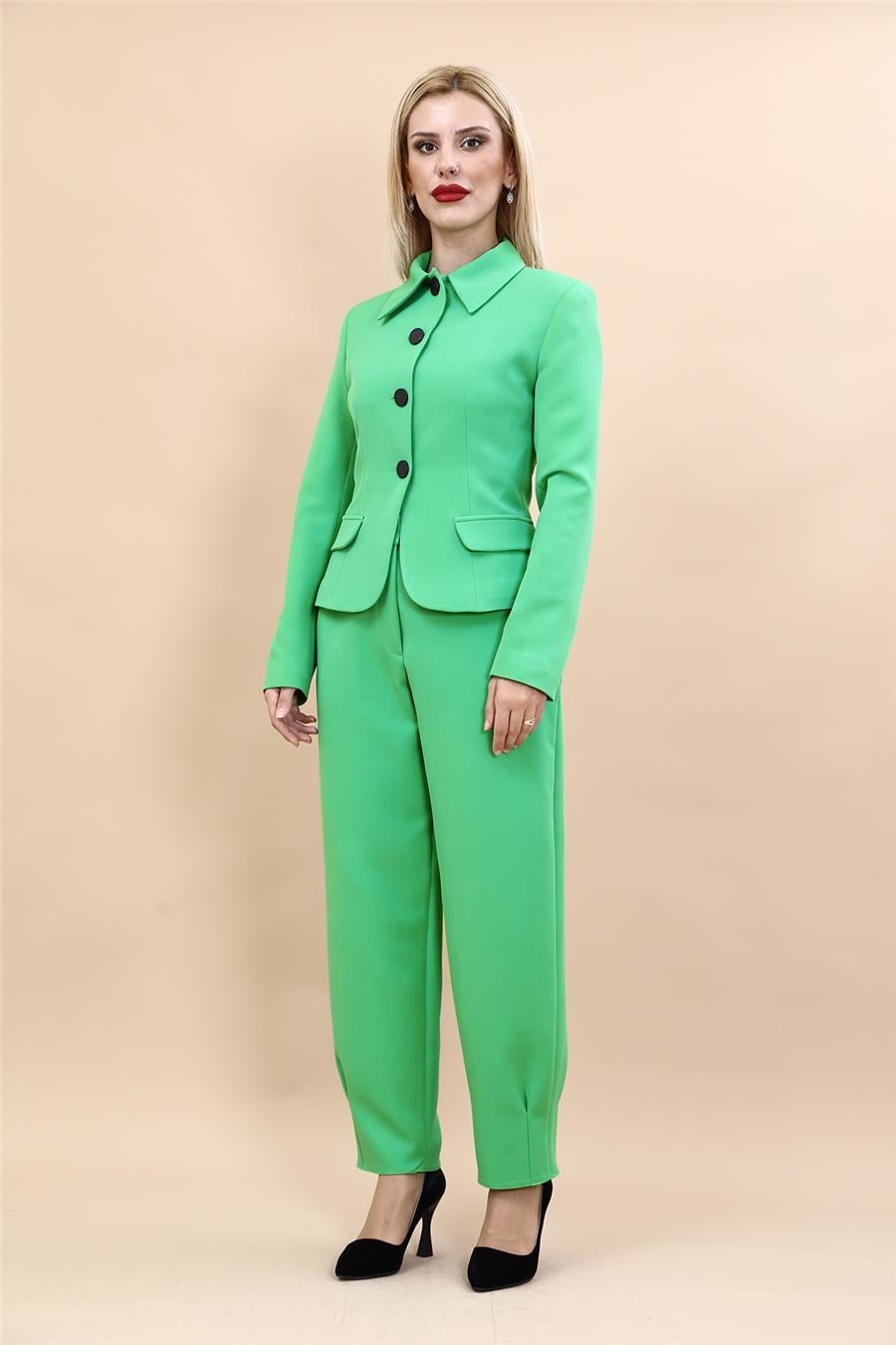 Gömlek Yaka Klasik Ceket &  Paçası Pileli Pantolon-Yeşil Önder Özsoy 1054532 Peplum Ceket & Pile Paçalı Pantolon Takım