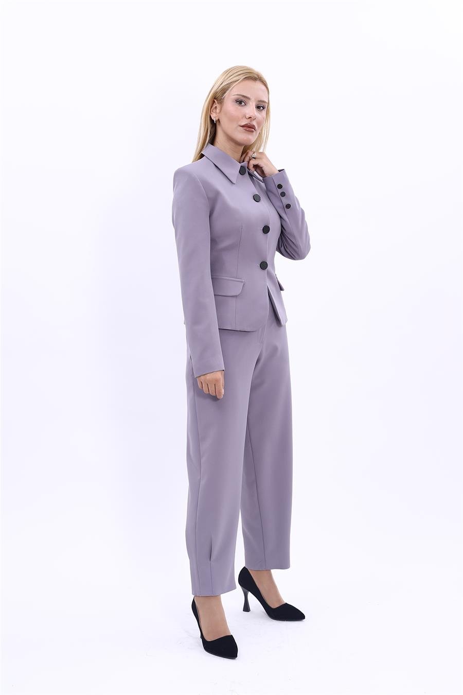 Gömlek Yaka Klasik Ceket &  Paçası Pileli Pantolon-Antrasit Önder Özsoy 1054532 Peplum Ceket & Pile Paçalı Pantolon Takım