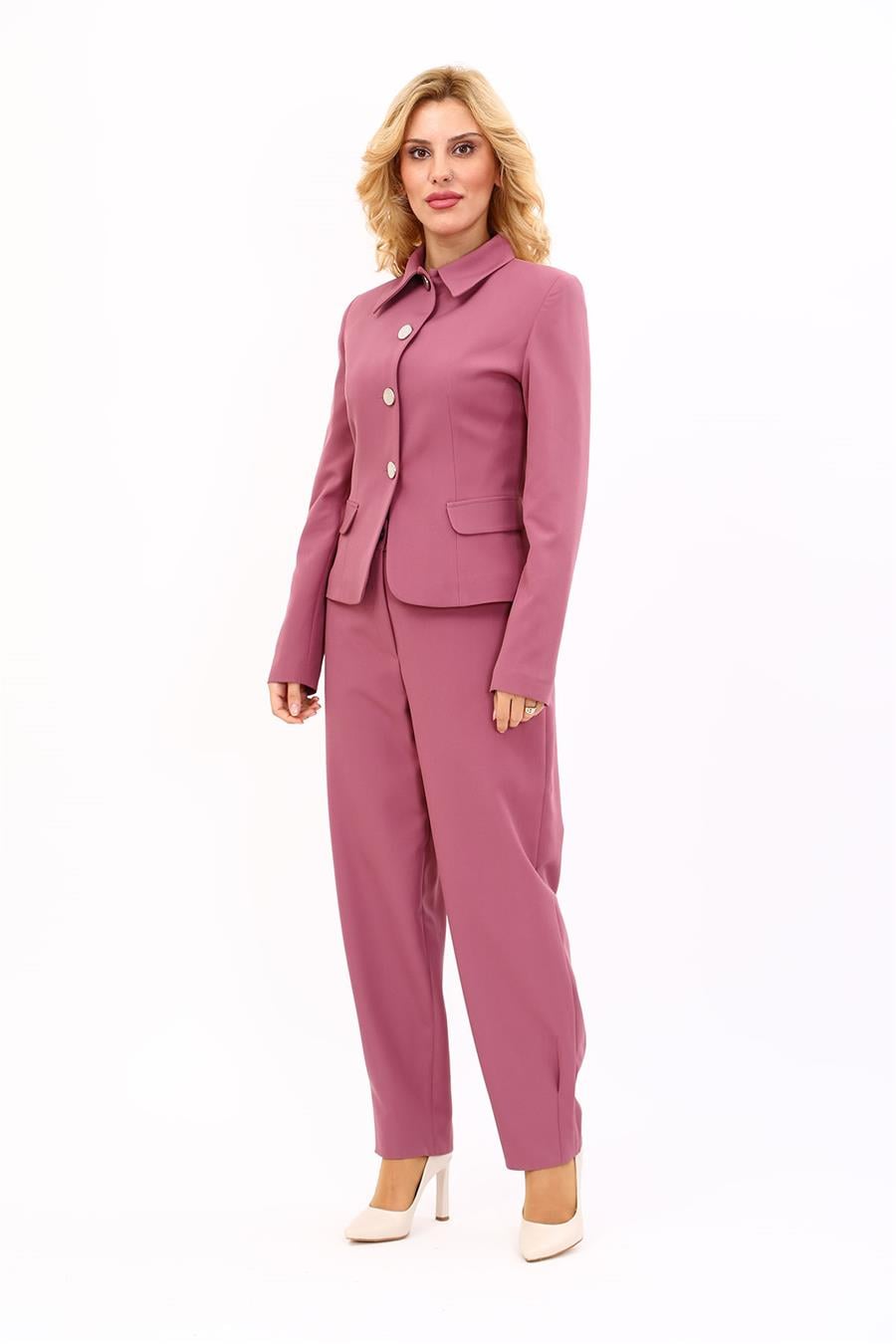 Gömlek Yaka Klasik Ceket &  Paçası Pileli Pantolon-Rose Önder Özsoy 1054532 Peplum Ceket & Pile Paçalı Pantolon Takım