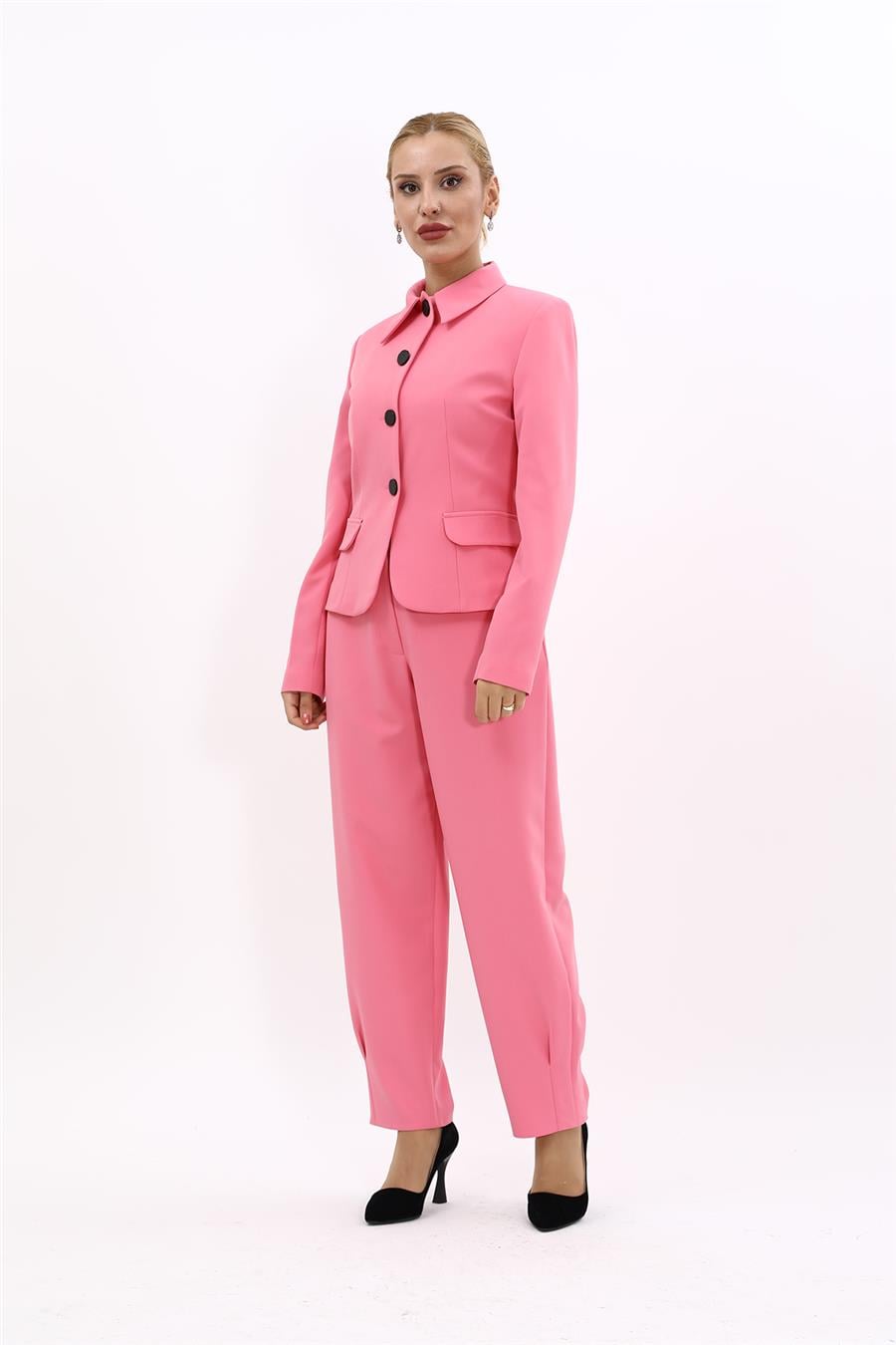 Gömlek Yaka Klasik Ceket &  Paçası Pileli Pantolon-Pembe Önder Özsoy 1054532 Peplum Ceket & Pile Paçalı Pantolon Takım