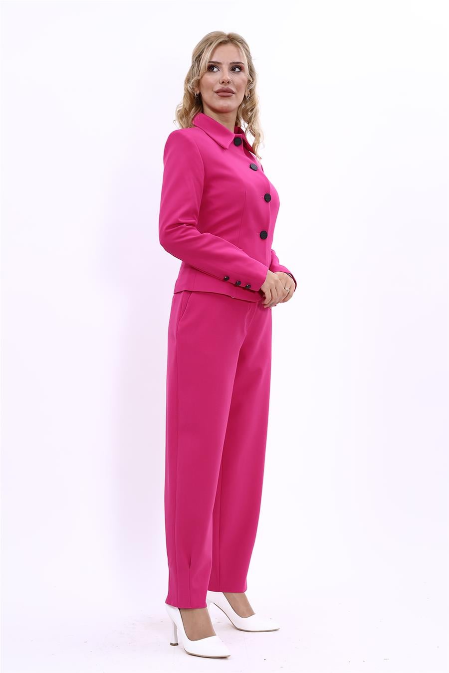 Gömlek Yaka Klasik Ceket &  Paçası Pileli Pantolon-Fuşya Önder Özsoy 1054532 Peplum Ceket & Pile Paçalı Pantolon Takım