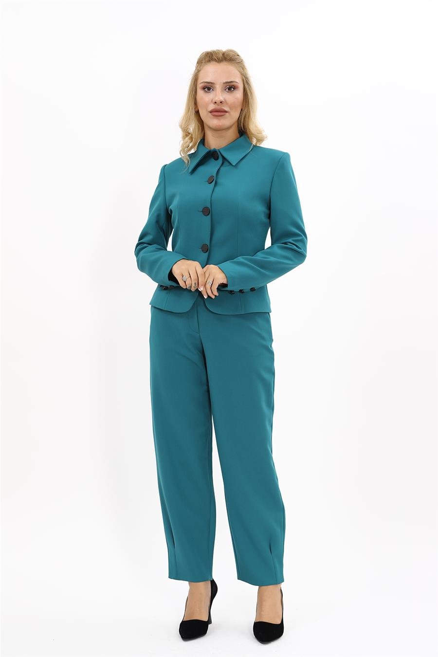 Gömlek Yaka Klasik Ceket &  Paçası Pileli Pantolon-Petrol Önder Özsoy 1054532 Peplum Ceket & Pile Paçalı Pantolon Takım