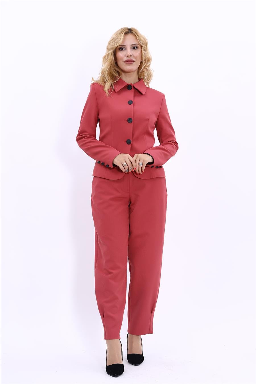 Gömlek Yaka Klasik Ceket &  Paçası Pileli Pantolon-Kiremit Önder Özsoy 1054532 Peplum Ceket & Pile Paçalı Pantolon Takım