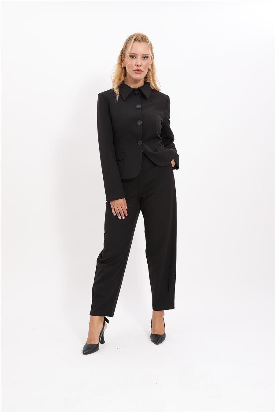 Gömlek Yaka Klasik Ceket &  Paçası Pileli Pantolon-Siyah Önder Özsoy 1054532 Peplum Ceket & Pile Paçalı Pantolon Takım