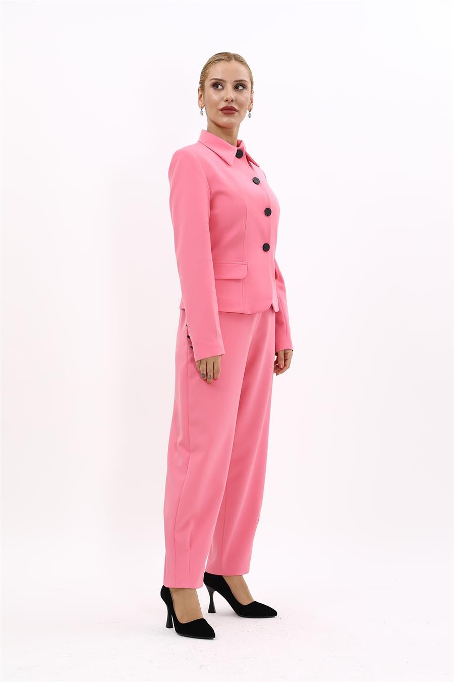 Gömlek Yaka Klasik Ceket &  Paçası Pileli Pantolon-Pembe Önder Özsoy 1054532 Peplum Ceket & Pile Paçalı Pantolon Takım