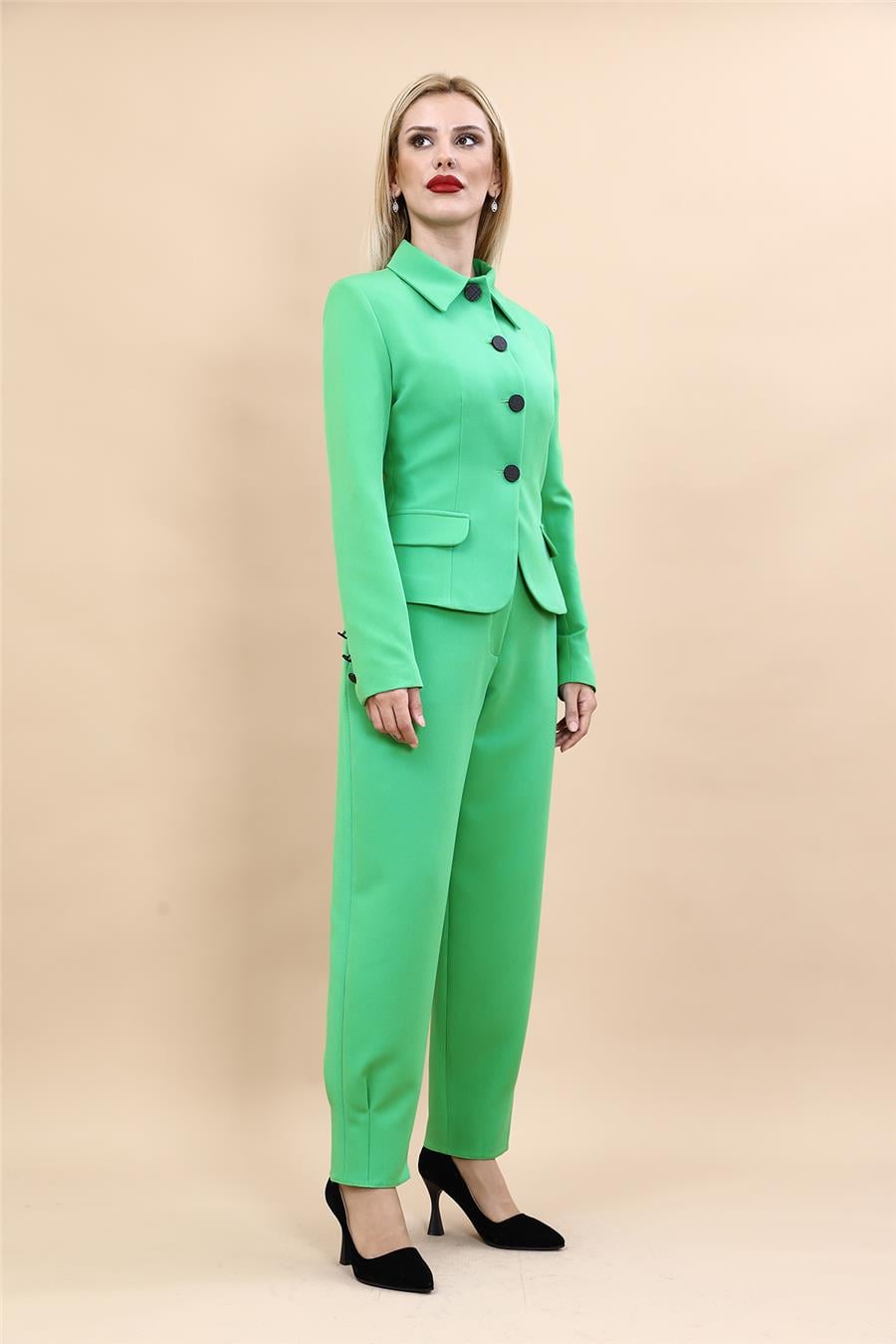 Gömlek Yaka Klasik Ceket &  Paçası Pileli Pantolon-Yeşil Önder Özsoy 1054532 Peplum Ceket & Pile Paçalı Pantolon Takım