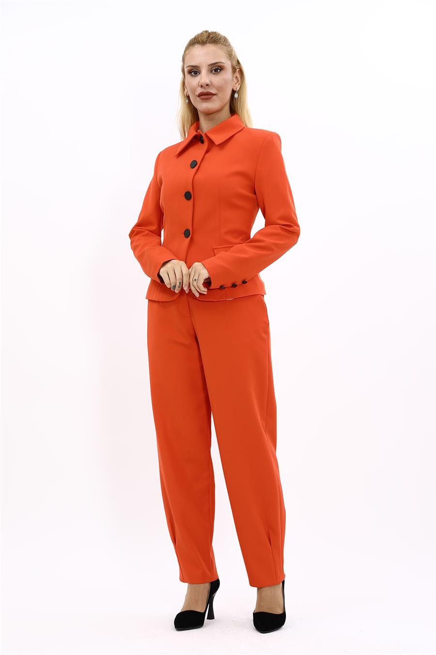 Gömlek Yaka Klasik Ceket &  Paçası Pileli Pantolon-Turuncu Önder Özsoy 1054532 Peplum Ceket & Pile Paçalı Pantolon Takım