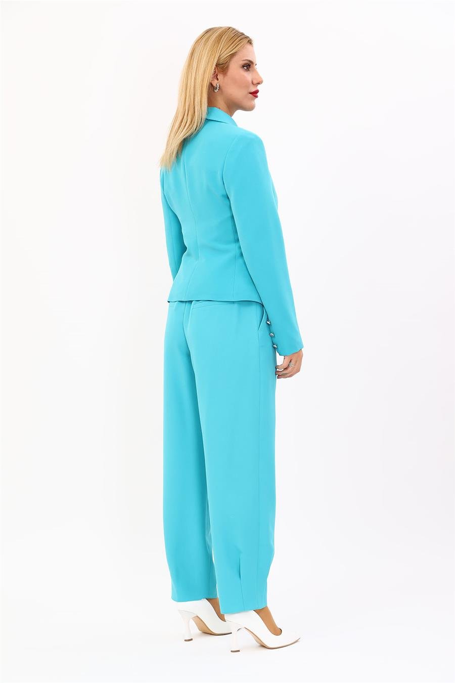 Gömlek Yaka Klasik Ceket &  Paçası Pileli Pantolon-Turkuaz Önder Özsoy 1054532 Peplum Ceket & Pile Paçalı Pantolon Takım