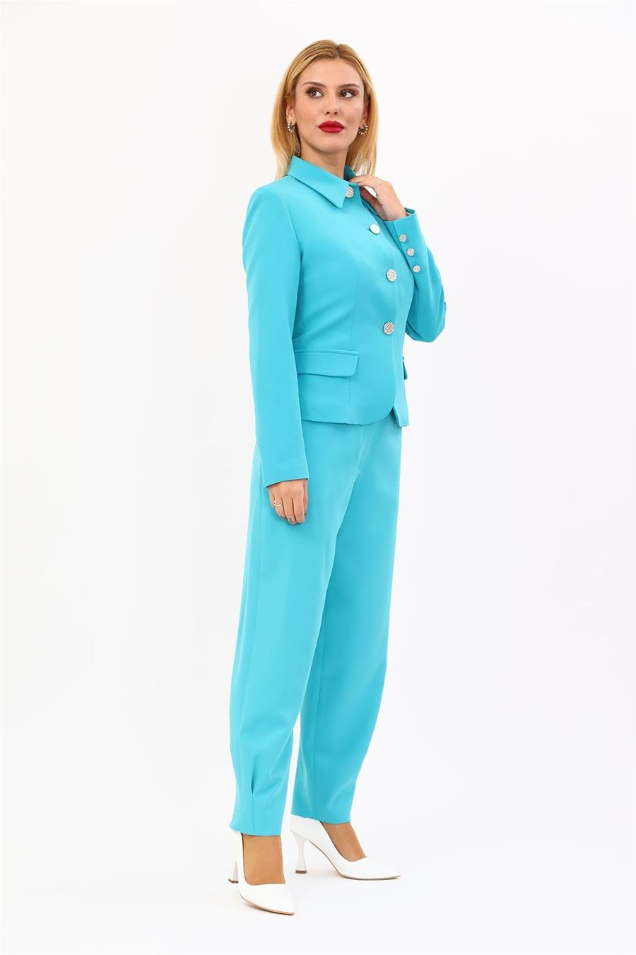 Gömlek Yaka Klasik Ceket &  Paçası Pileli Pantolon-Turkuaz Önder Özsoy 1054532 Peplum Ceket & Pile Paçalı Pantolon Takım